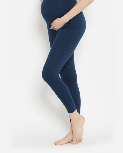 Wobbly Walk Indigo Blue Maternity Leggings-Solid Color-Cotton Lycra-Skinny Fit-Bump Friendly