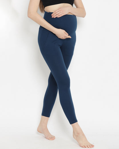 Wobbly Walk Indigo Blue Maternity Leggings-Solid Color-Cotton Lycra-Skinny Fit-Bump Friendly