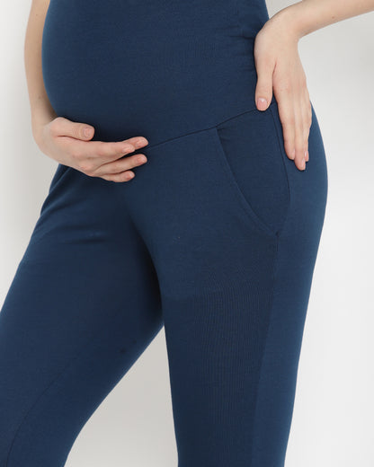 Wobbly Walk Indigo Blue Maternity Leggings-Solid Color-Cotton Lycra-Skinny Fit-Bump Friendly