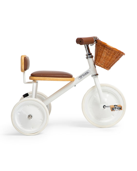 Todds Trike-ISO 8124 Certified-Detachable & Height Adjustable Parent Handlebar-With Birchwood Pedals & Vegan Leather Padded Seat-For 18M+-Whimsy White