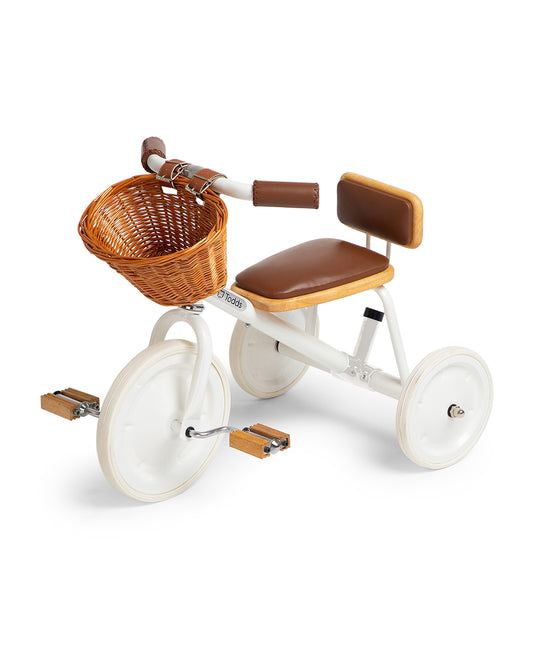 Todds Trike-ISO 8124 Certified-Detachable & Height Adjustable Parent Handlebar-With Birchwood Pedals & Vegan Leather Padded Seat-For 18M+-Whimsy White