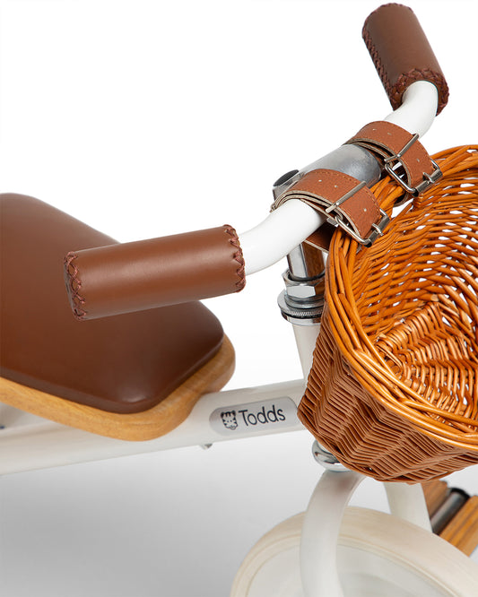 Todds Trike-ISO 8124 Certified-Detachable & Height Adjustable Parent Handlebar-With Birchwood Pedals & Vegan Leather Padded Seat-For 18M+-Whimsy White