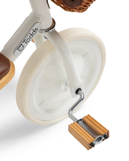 Todds Trike-ISO 8124 Certified-Detachable & Height Adjustable Parent Handlebar-With Birchwood Pedals & Vegan Leather Padded Seat-For 18M+-Whimsy White