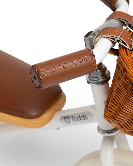 Todds Trike-ISO 8124 Certified-Detachable & Height Adjustable Parent Handlebar-With Birchwood Pedals & Vegan Leather Padded Seat-For 18M+-Whimsy White