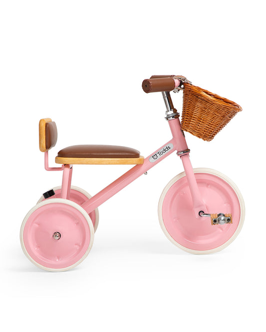 Todds Trike-ISO 8124 Certified-Detachable & Height Adjustable Parent Handlebar-With Birchwood Pedals & Vegan Leather Padded Seat-For 18M+-Popsicle Pink