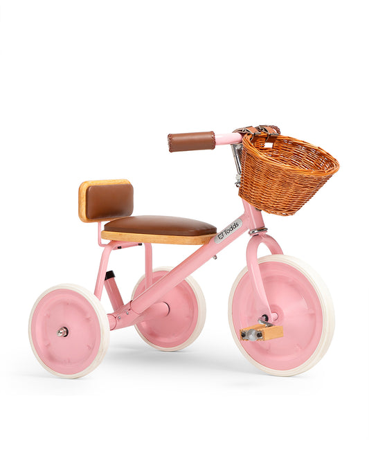 Todds Trike-ISO 8124 Certified-Detachable & Height Adjustable Parent Handlebar-With Birchwood Pedals & Vegan Leather Padded Seat-For 18M+-Popsicle Pink