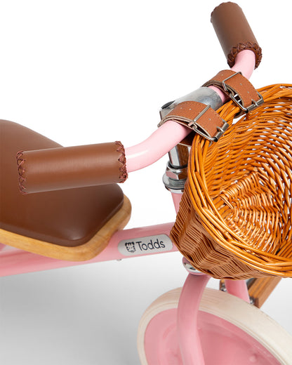 Todds Trike-ISO 8124 Certified-Detachable & Height Adjustable Parent Handlebar-With Birchwood Pedals & Vegan Leather Padded Seat-For 18M+-Popsicle Pink