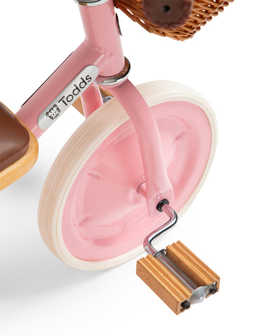Todds Trike-ISO 8124 Certified-Detachable & Height Adjustable Parent Handlebar-With Birchwood Pedals & Vegan Leather Padded Seat-For 18M+-Popsicle Pink
