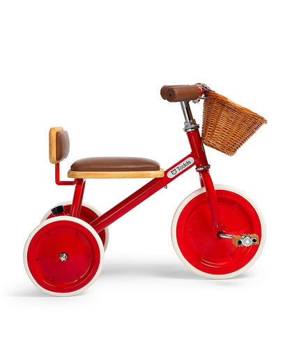 Todds Trike-ISO 8124 Certified-Detachable & Height Adjustable Parent Handlebar-With Birchwood Pedals & Vegan Leather Padded Seat-For 18M+-Racer Red