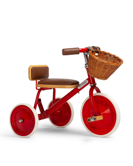 Todds Trike-ISO 8124 Certified-Detachable & Height Adjustable Parent Handlebar-With Birchwood Pedals & Vegan Leather Padded Seat-For 18M+-Racer Red