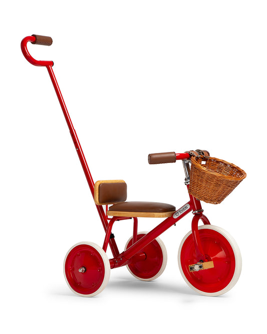 Todds Trike-ISO 8124 Certified-Detachable & Height Adjustable Parent Handlebar-With Birchwood Pedals & Vegan Leather Padded Seat-For 18M+-Racer Red