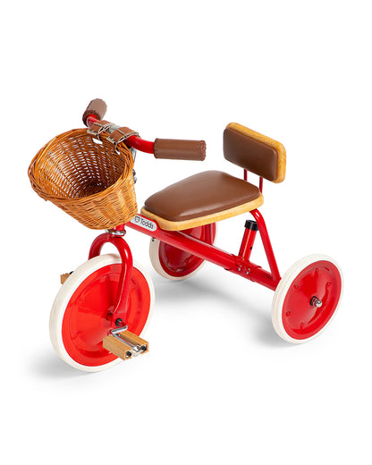 Todds Trike-ISO 8124 Certified-Detachable & Height Adjustable Parent Handlebar-With Birchwood Pedals & Vegan Leather Padded Seat-For 18M+-Racer Red