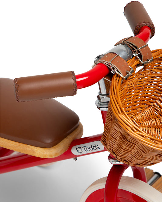 Todds Trike-ISO 8124 Certified-Detachable & Height Adjustable Parent Handlebar-With Birchwood Pedals & Vegan Leather Padded Seat-For 18M+-Racer Red