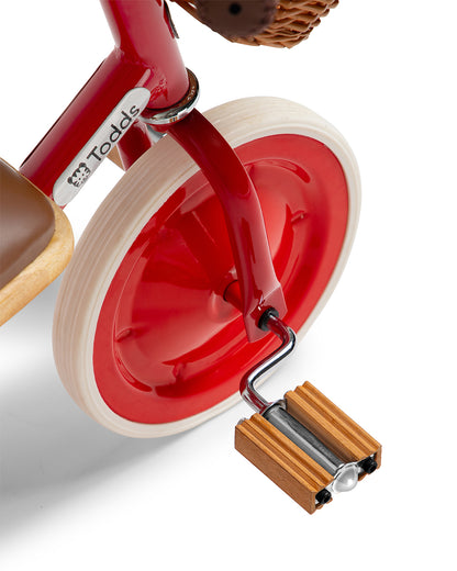 Todds Trike-ISO 8124 Certified-Detachable & Height Adjustable Parent Handlebar-With Birchwood Pedals & Vegan Leather Padded Seat-For 18M+-Racer Red