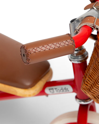 Todds Trike-ISO 8124 Certified-Detachable & Height Adjustable Parent Handlebar-With Birchwood Pedals & Vegan Leather Padded Seat-For 18M+-Racer Red