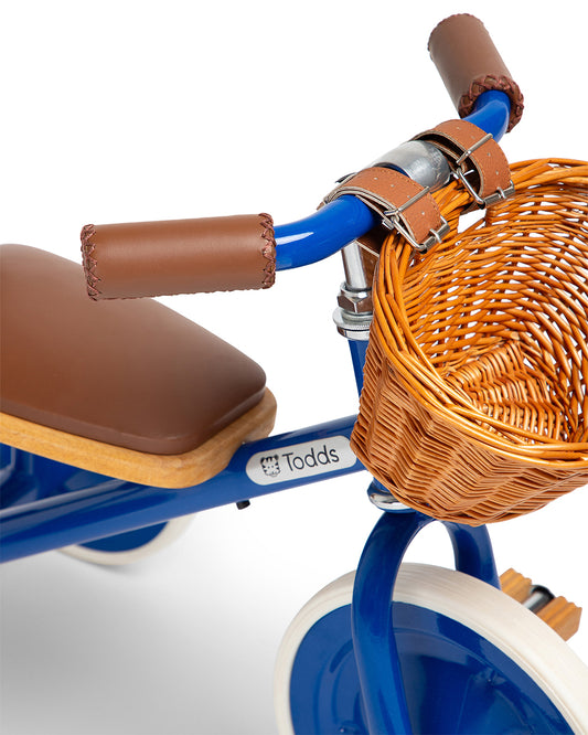 Todds Trike-ISO 8124 Certified-Detachable & Height Adjustable Parent Handlebar-With Birchwood Pedals & Vegan Leather Padded Seat-For 18M+-Boat Blue