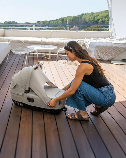 Nuna Cari Next Carry Cot With Base Curv-Carry Cot Features (Doubling As Car Seat and Carry Cot, 3 Point Harness, Upto 13 Kg)-Base Features (Smart Swivel Lock- Button For 360 Degrees Rotation Adjustment)-Granite & Caviar