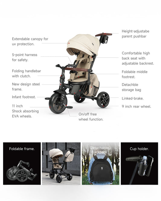 Qplay Comfo Max 7-in-1 Trike-Height Adjustable Parent Handle Bar-360 Degrees Rotating Seat-Adjustable Backrest-Foldable Frame-With Detachable Backpack-For 10M to 6Y (Upto 25 Kg)-Olive Green