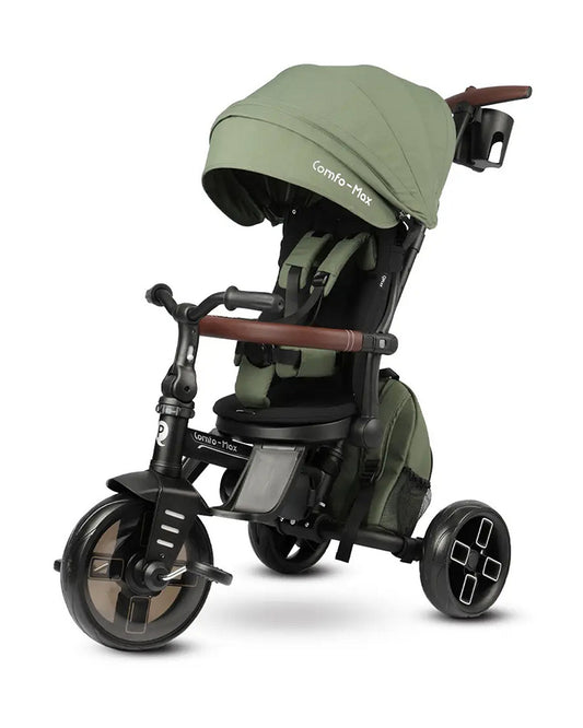 Qplay Comfo Max 7-in-1 Trike-Height Adjustable Parent Handle Bar-360 Degrees Rotating Seat-Adjustable Backrest-Foldable Frame-With Detachable Backpack-For 10M to 6Y (Upto 25 Kg)-Olive Green