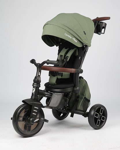 Qplay Comfo Max 7-in-1 Trike-Height Adjustable Parent Handle Bar-360 Degrees Rotating Seat-Adjustable Backrest-Foldable Frame-With Detachable Backpack-For 10M to 6Y (Upto 25 Kg)-Olive Green