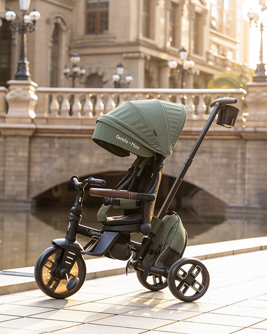 Qplay Comfo Max 7-in-1 Trike-Height Adjustable Parent Handle Bar-360 Degrees Rotating Seat-Adjustable Backrest-Foldable Frame-With Detachable Backpack-For 10M to 6Y (Upto 25 Kg)-Olive Green
