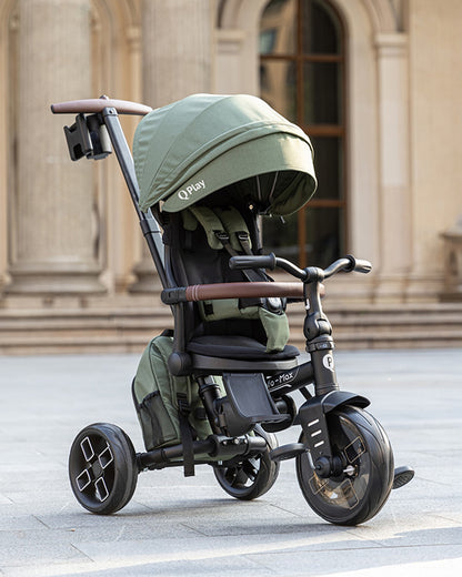 Qplay Comfo Max 7-in-1 Trike-Height Adjustable Parent Handle Bar-360 Degrees Rotating Seat-Adjustable Backrest-Foldable Frame-With Detachable Backpack-For 10M to 6Y (Upto 25 Kg)-Olive Green