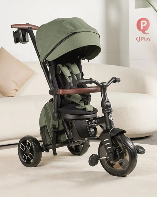 Qplay Comfo Max 7-in-1 Trike-Height Adjustable Parent Handle Bar-360 Degrees Rotating Seat-Adjustable Backrest-Foldable Frame-With Detachable Backpack-For 10M to 6Y (Upto 25 Kg)-Olive Green