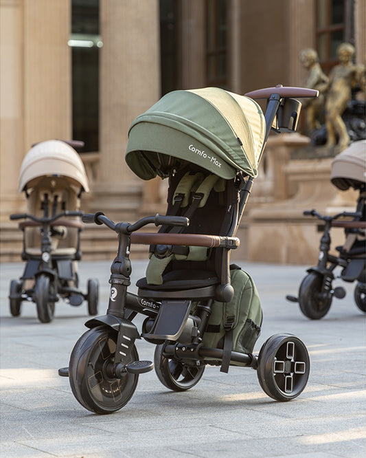 Qplay Comfo Max 7-in-1 Trike-Height Adjustable Parent Handle Bar-360 Degrees Rotating Seat-Adjustable Backrest-Foldable Frame-With Detachable Backpack-For 10M to 6Y (Upto 25 Kg)-Olive Green