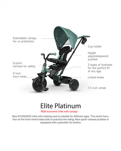 Qplay Elite Platinum 6 in 1 Trike-Height Adjustable Parent Handle Bar-360 Degrees Rotating Seat-5 Point Harness-For 10M to 6Y (Upto 25 Kg)-Dark Grey