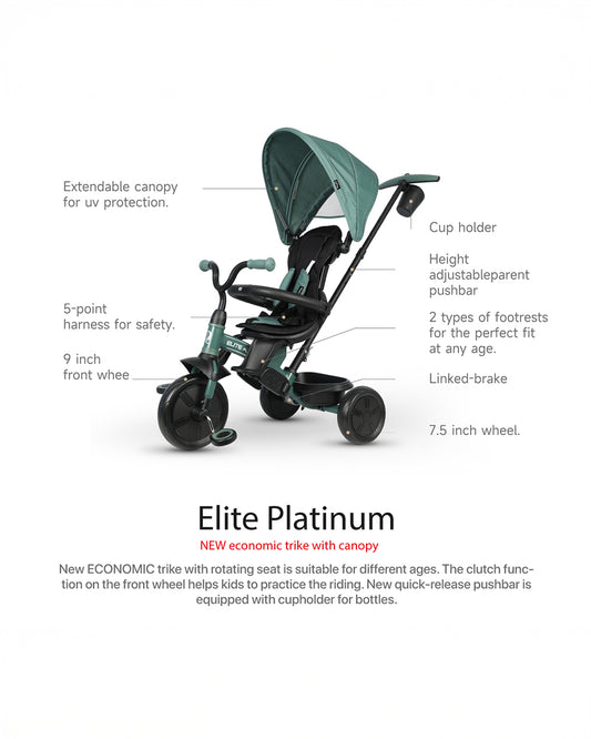 Qplay Elite Platinum 6 in 1 Trike-Height Adjustable Parent Handle Bar-360 Degrees Rotating Seat-5 Point Harness-For 10M to 6Y (Upto 25 Kg)-Dark Grey