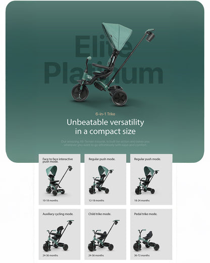 Qplay Elite Platinum 6 in 1 Trike-Height Adjustable Parent Handle Bar-360 Degrees Rotating Seat-5 Point Harness-For 10M to 6Y (Upto 25 Kg)-Green