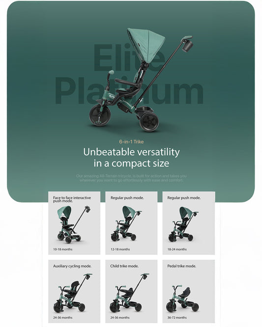 Qplay Elite Platinum 6 in 1 Trike-Height Adjustable Parent Handle Bar-360 Degrees Rotating Seat-5 Point Harness-For 10M to 6Y (Upto 25 Kg)-Dark Grey