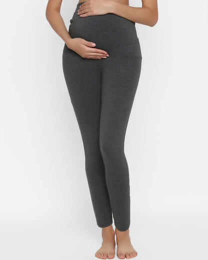 Wobbly Walk Dim Grey Maternity Leggings-Solid Color-Cotton Lycra-Skinny Fit-Bump Friendly