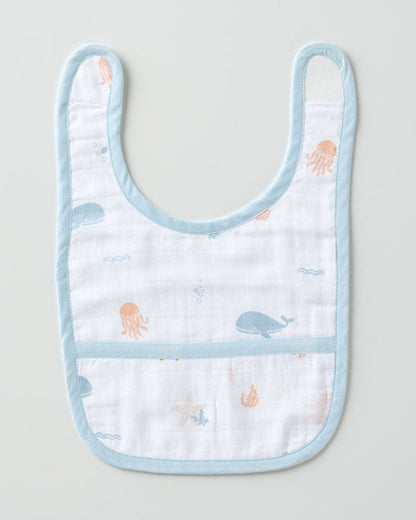 Aariro Organic Cotton Classic Muslin Bib-Multi Layered & Reversible-Under The Sea-For Infants