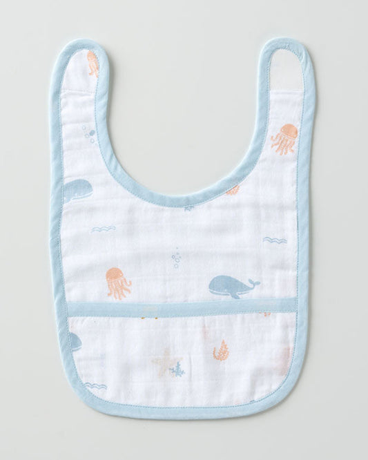 Aariro Organic Cotton Classic Muslin Bib-Multi Layered & Reversible-Under The Sea-For Infants