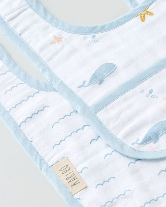 Aariro Organic Cotton Classic Muslin Bib-Multi Layered & Reversible-Under The Sea-For Infants