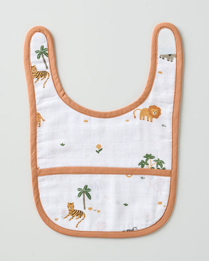 Aariro Organic Cotton Classic Muslin Bib-Multi Layered & Reversible-Wild Safari-For Infants