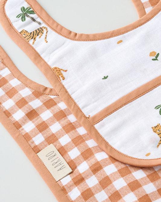 Aariro Organic Cotton Classic Muslin Bib-Multi Layered & Reversible-Wild Safari-For Infants