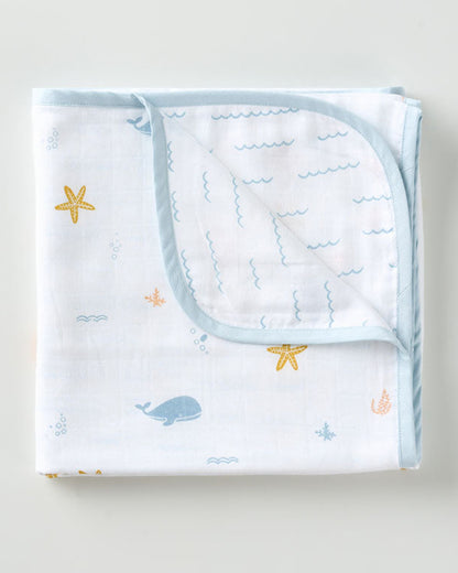 Aariro Reversible Muslin Blanket-Under The Sea-Organic Cotton-White & Light Blue-For Infants