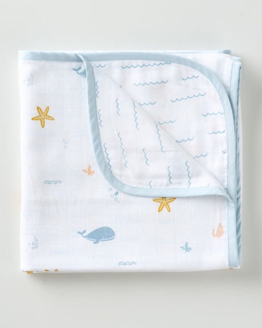 Aariro Reversible Muslin Blanket-Under The Sea-Organic Cotton-White & Light Blue-For Infants