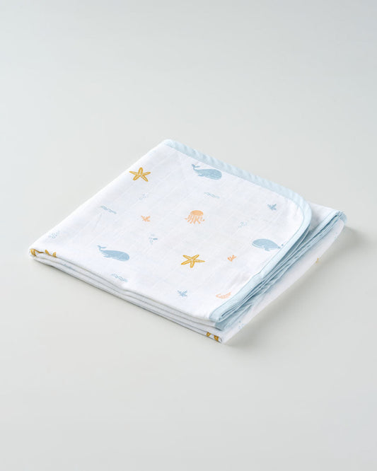 Aariro Reversible Muslin Blanket-Under The Sea-Organic Cotton-White & Light Blue-For Infants