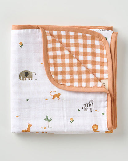 Aariro Reversible Muslin Blanket-Wild Safari-Organic Cotton-White & Orange-For Infants
