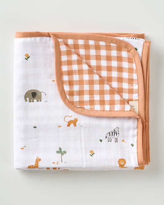 Aariro Reversible Muslin Blanket-Wild Safari-Organic Cotton-White & Orange-For Infants