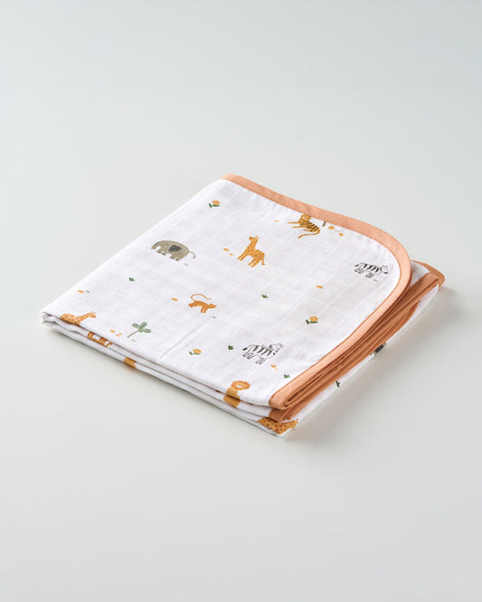 Aariro Reversible Muslin Blanket-Wild Safari-Organic Cotton-White & Orange-For Infants