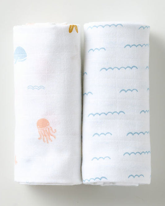 Aariro Muslin Swaddle-Under The Sea-Pack of 2-Organic Cotton-Infant Wraps