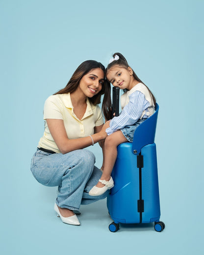 Miamily Cobalt Blue Ride On Trolley Carry On Luggage-Swiss Design-with 3 Digit Lock and Built in Seat for Kids & Adults