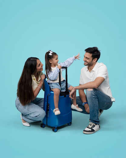 Miamily Cobalt Blue Ride On Trolley Carry On Luggage-Swiss Design-with 3 Digit Lock and Built in Seat for Kids & Adults
