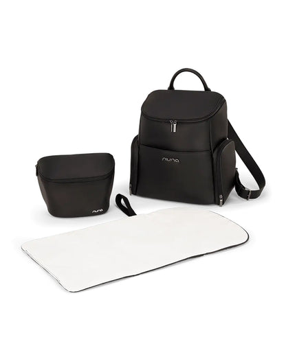Nuna Essential Diaper Bag-Backpack-Changing Pad With Magnetic Closure-Removable Toiletry Pouch-Back Pocket Unzips Into Trolley Sleeve-Caviar
