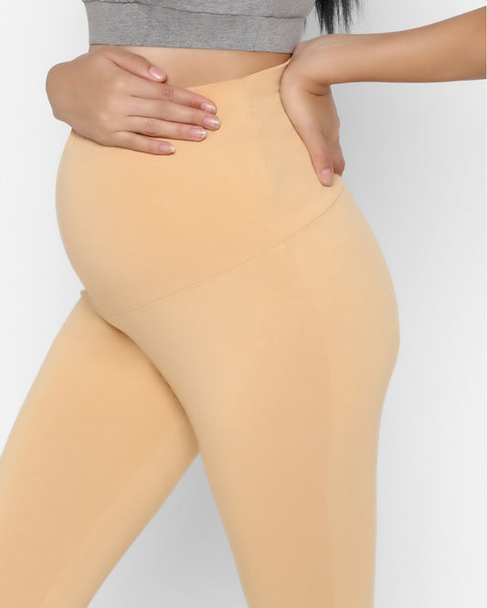 Wobbly Walk Beige Maternity Leggings-Solid Color-Cotton Lycra-Skinny Fit-Bump Friendly