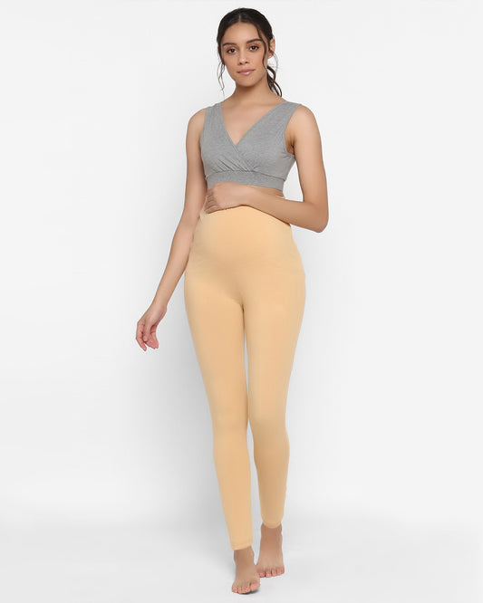 Wobbly Walk Beige Maternity Leggings-Solid Color-Cotton Lycra-Skinny Fit-Bump Friendly